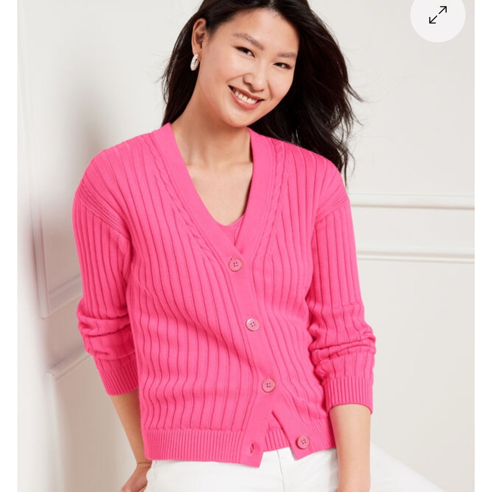 Talbots Hot Pink Ribbed V-Neck Button Cardigan